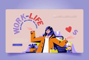 Work and life balance cartoon landing page, banner vector