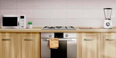 Kitchen interior with gas stove and microwave vector