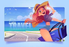 Travel banner with girl on vacation at sea shore vector
