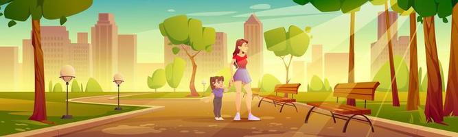 Mother with child walk in city park vector