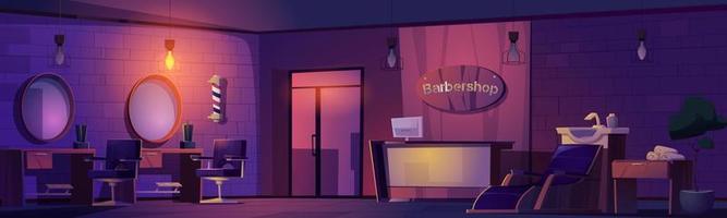 Barbershop night interior, dark beauty salon. vector