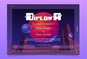 Kid diploma with alien planet surface, certificate vector