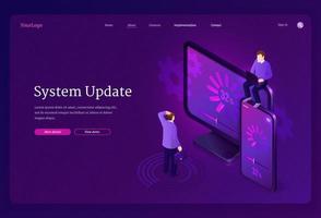página de inicio isométrica de actualización del sistema, banner web vector