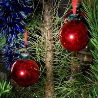 red glass balls as Christmas tree decorations photo