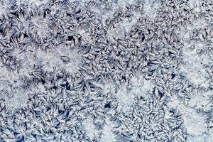 snowflakes and frost on frozen glass photo