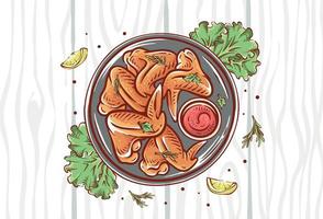 Chicken wing dish illustration top views isolated in wood pattern background. Chicken Hand-drawn food with lemon slices and herbs in full color. Colorful chicken drawing vector design background