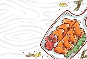 vistas superiores de la ilustración del plato de ala de pollo. comida de pollo hecha a mano con rodajas de limón y hierbas a todo color. Fondo de diseño de vector de dibujo de pollo colorido