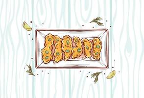 Fried Chicken Illustration with lemon slices and herbs on a wooden pattern background. Fast food chicken nugget dish hand-drawn vector design top view