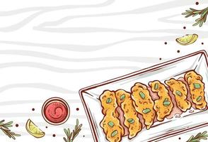 Fried Chicken nugget illustration with sauces, lemon slices, and herbs on a wooden pattern background. Fast food chicken dish hand-drawn vector design