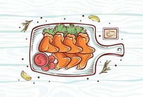 Chicken wing dish illustration top views isolated in wood pattern background. Chicken Hand-drawn food with lemon slices and herbs in full color. Colorful chicken drawing vector design background