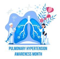 Pulmonary Hypertension awareness month is celebrated in November. Pulmonary fibrosis, tuberculosis illustration for website, app, banner. Tiny doctors treat vector