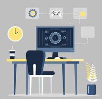 Freelancer workplace concept vector. Remote work at home for programmer, seo, manager. Gamer, joystick, gear icons. vector