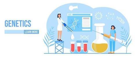 Genetics concept vector. Innovation, scientific research and online studying. Chemistry, medicine researcher are working. Scientists study DNA, genome.