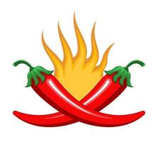 Red chilly peppers are burning as spicy sign. Cartoon vector isolated on the white background. Hot chillies in fire for food logo, banner, flyer