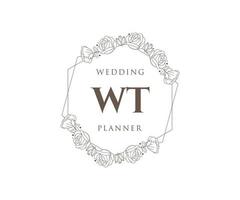WT Initials letter Wedding monogram logos collection, hand drawn modern minimalistic and floral templates for Invitation cards, Save the Date, elegant identity for restaurant, boutique, cafe in vector