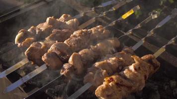 Process of cooking yummy shashlik in nature. Delicious food on metal skewer in bbq. Kebab street food. Grilling tasty dish on barbecue. Meat at the stake