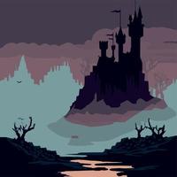 Grim dark and sombre fantasy castle. Vector art of evil mysterious haunted landscape.