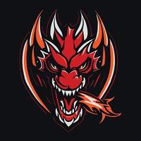 cabeza de dragón respirando fuego arte vectorial. diseño de logo. monstruo aislado para la mascota del equipo. vector
