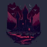 Grim dark and sombre fantasy castle. Vector art of evil mysterious haunted landscape.
