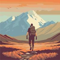 Man hiking in nature. Vector art of adventurer in nature exploring the outdoors. Travel illustration