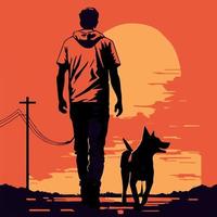 Man and his dog vector illustration. Character with his best friend walking in the park. Sunset, silhouette of a young person with his domestic puppy. Happy fun and cute art. Playing outdoor. Love dog