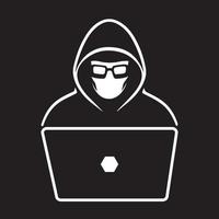 Pictogram Hacker. Logo of cybersecurity. Man working on a computer security icon.