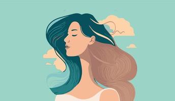 Peaceful relaxed happy girl. Vector art of wellness and well being.