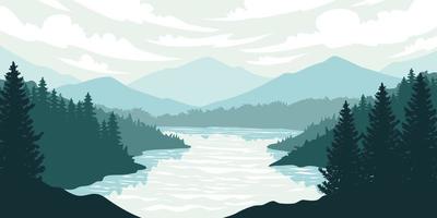silueta del paisaje natural. montañas, bosque de fondo. ilustración azul y verde vector