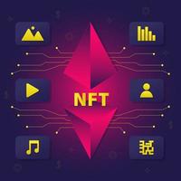 NFT banner. Non fungible tokens with  icons. Banner for business technology, cryptocurrency, blockchain. Vector illustration.