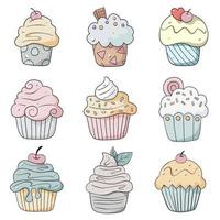 Colorful doodle black line Cupcakes with various taste on white background. Hand drawn cartoon style. Decoration for any design. Vector illustration of kid and sweet.