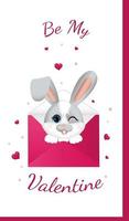 Happy Valentine's Day. Greeting postcard with pink hearts and little rabbit or hare, winks looking out of the envelope. vector