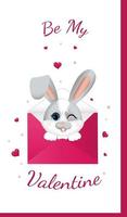 Happy Valentine's Day. Greeting postcard with pink hearts and little rabbit or hare, winks looking out of the envelope. vector