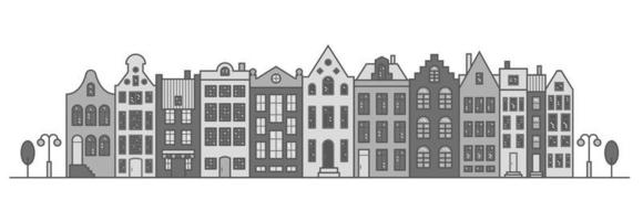 amsterdam casas de estilo antiguo. típicas casas de canal holandesas alineadas cerca de un canal en los países bajos. edificio y fachadas para pancarta o afiche. ilustración monocromática vectorial. vector