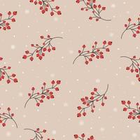 Seamless pattern with rowanberries, red berries and snowflakes on beige background. For printing on paper, postcards, fabrics. New Year, Christmas pattern vector