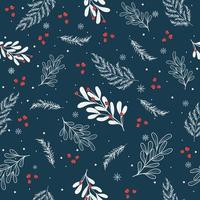 Winter seamless pattern with red berries and snow-covered branches on blue background. For postcards, gift paper printing, textiles. Vector