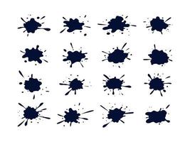 Collection of black blots with droplets. Messy liquid paint stain templates. Abstract elements for various designs vector