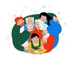 familia feliz juntos, padres jóvenes, abuelos, niño pequeño. europeos, caucásicos sonriendo. paternidad, amor, vínculo. generaciones de ancianos y jóvenes abrazándose. garabato, ilustración vector