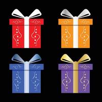 conjunto de caja de regalo caja de regalo de navidad o regalos de cumpleaños con envoltura colorida, cintas y lazos tarjetas de felicitación elementos aislados vector