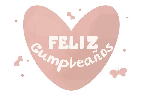 Feliz Cumpleanos translated from Spanish Happy Birthday hand lettering. Happy birthday card with tender heart and decorative elements, Spanish. Vector illustration.