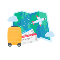 la mappa del mondo è appuntata per pianificare i viaggi delle compagnie aeree internazionali. con bagagli e biglietti aerei png