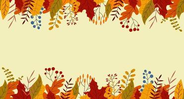 Seamless horizontal banner with autumn colorful plants. Charming autumn pattern. Hand drawn. Vector illustration