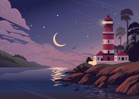 Lighthouse - vector landscape. Sea landscape with beacon on shore and crescent in clouds. Vector horizontal illustration in flat cartoon style