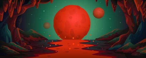 Marte - fondo de dibujos animados de vector. paisaje de cueva marsiana con un río de lava subterráneo y planetas rojos. ilustración vectorial en estilo de dibujos animados planos. vector
