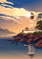 Lighthouse - vector landscape. Sea landscape with beacon on the beach on sunset. Vector illustration in flat cartoon style