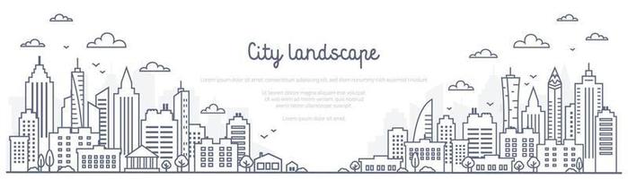 Cityscape line panorama - urban landscape in linear style on white background. Thin line vector illustration.