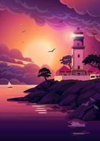 Lighthouse - vector landscape. Sea landscape with beacon on the cliff at sunset. Vector illustration in flat cartoon style