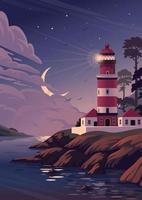 Lighthouse - vector landscape. Sea landscape with beacon on cliff and crescent in clouds. Vector illustration in flat cartoon style