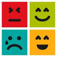 Set of four colorful emoticons with smiley, crying and dissatisfied faces. Emoji icon in square. Flat background pattern. Vector illustration