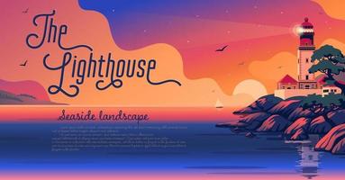 Lighthouse - vector landscape. Sea landscape with beacon on the beach at sunset. Vector horizontal illustration in flat cartoon style