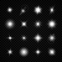 Light effect of lens flares. Set of sixteen white glowing lights starburst effects with sparkles on a transparent background. Vector illustration